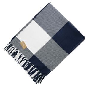 NWT 100% Organic Cotton Check Throw Blanket Navy White Colour Fringe Detailing